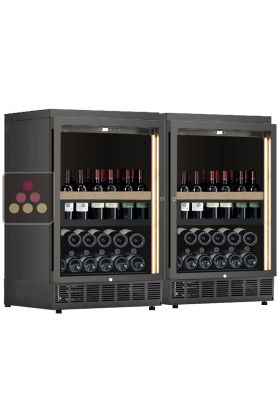 Combination of 2 built-in single temperature wine cabinets for wine storage or service with a sliding shelves for standing bottles