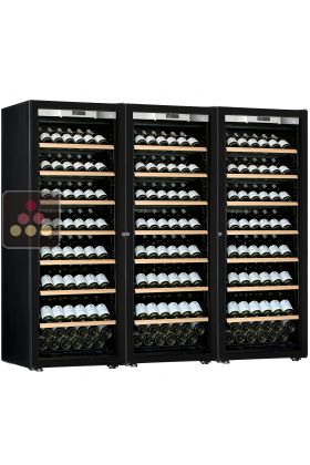 Combination of a 3 single temperature ageing or service wine cabinets - Full Glass door - Inclined bottles display