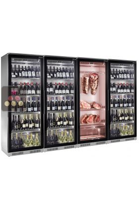Combination of 3 refrigerated display cabinets for wine and 1 for meat maturation