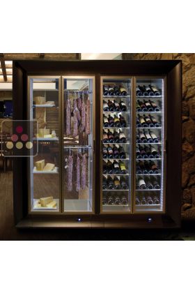 Combination of 2 professional refrigerated display cabinets for wine, cheese and cured meat - Central installation - Curved frame