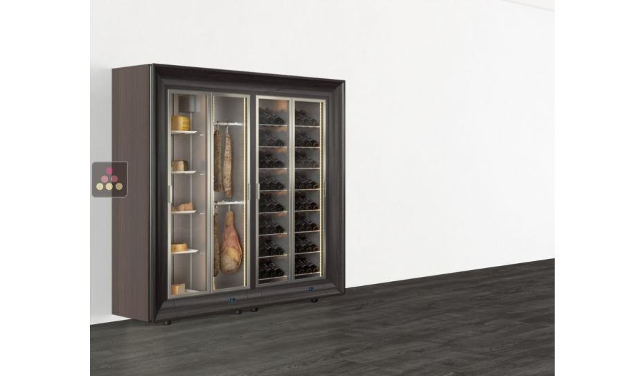 Freestanding combination of a multipurpose wine cabinet and a cheese/delicatessen cabinet in an island unit