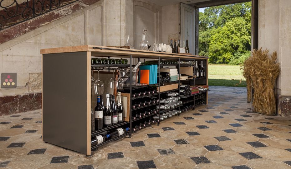 Solid Oak tasting counter-top with integrated storage racks