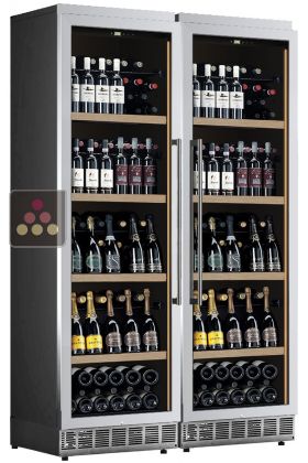 Built-in combination of 2 single-temperature wine cabinets for service or storage Stainless steel front - Mixed shelves