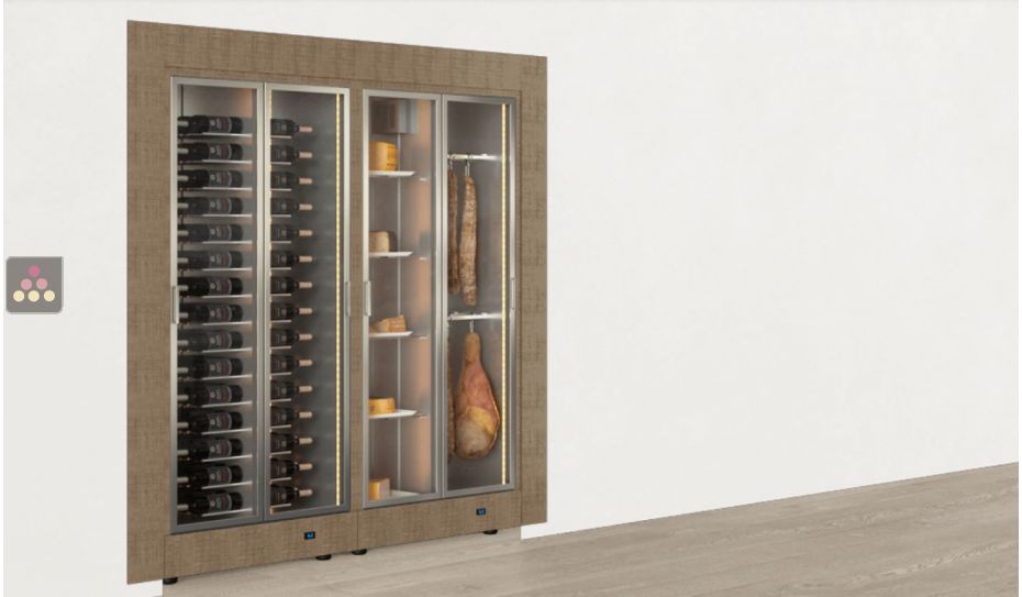 Built-in combination of 2 professional refrigerated display cabinets for wine, cheese and cured meat - Flat frame