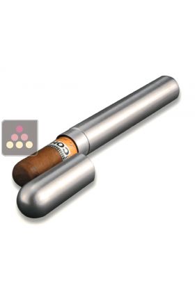 Single cigar case with humidifier made from refined steel with a Spanish cedar veneer