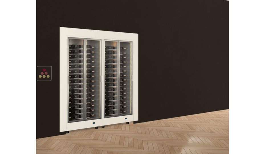 Built-in combination of two professional multi-temperature wine display cabinets - Horizontal bottles - Flat frame