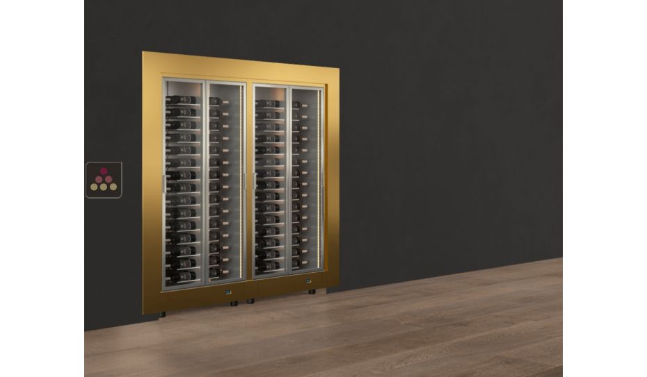 Built-in combination of two professional multi-temperature wine display cabinets - Horizontal bottles - Flat frame