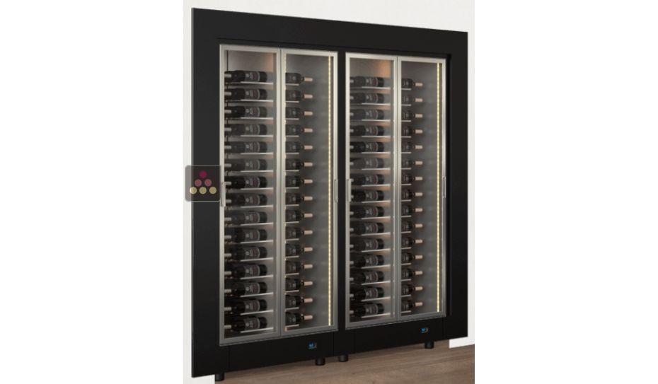 Built-in combination of two professional multi-temperature wine display cabinets - Horizontal bottles - Flat frame