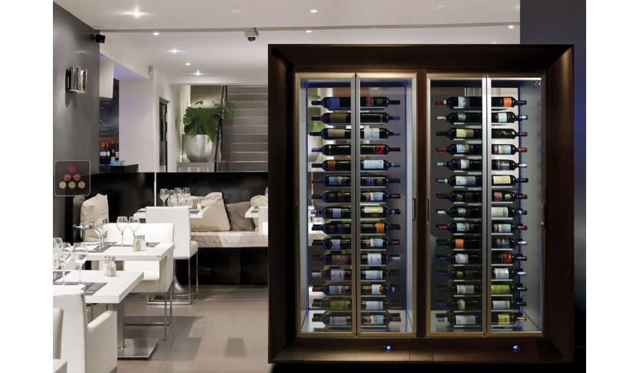 Combination of two professional multi-temperature wine display cabinets for central installation - Horizontal bottles - Curved frames