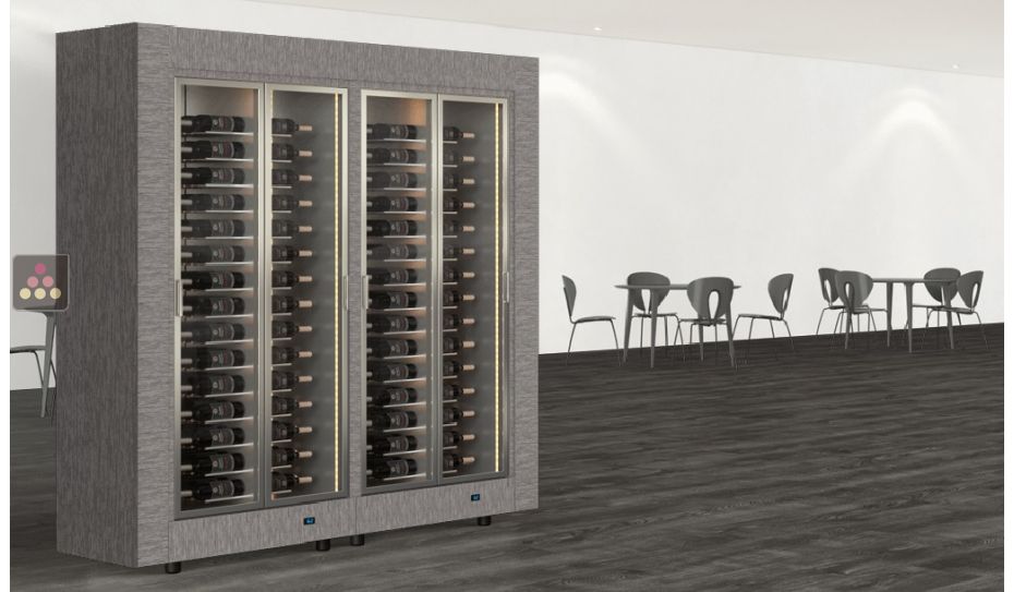 Combination of two professional multi-temperature wine display cabinets for central installation - Horizontal bottles - Flat frame