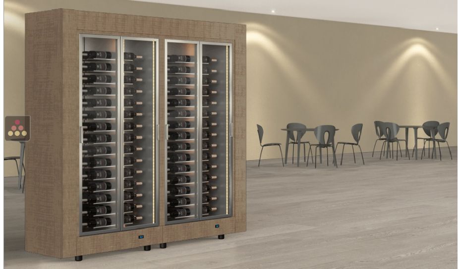 Combination of two professional multi-temperature wine display cabinets for central installation - Horizontal bottles - Flat frame