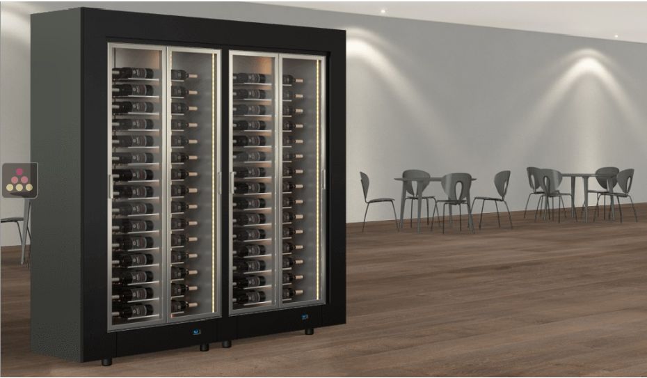 Combination of two professional multi-temperature wine display cabinets for central installation - Horizontal bottles - Flat frame