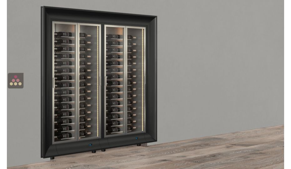 Built-in combination of two professional multi-temperature wine display cabinets - Horizontal bottles - Curved frame