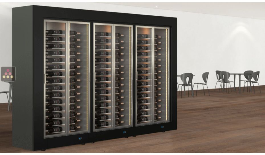 Combination of 3 professional multi-temperature wine display cabinets for central installation - Horizontal bottles - Flat frame