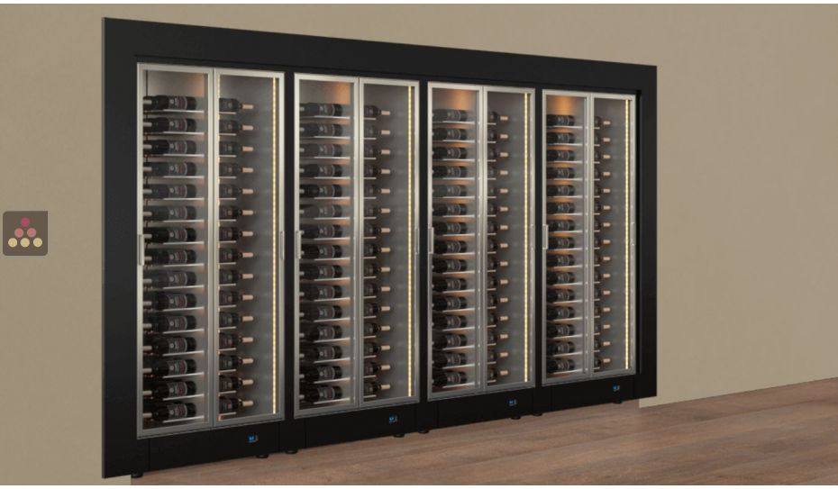 Built-in combination of 4 professional multi-temperature wine display cabinets - Horizontal bottles - Flat frame