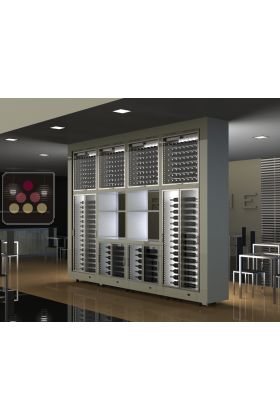 Combination of 8 modular multi-purpose wine cabinets with storage in an island unit