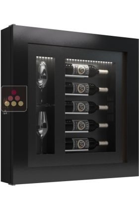 Silent refrigerated wine frame display for 5 bottles and 2 glasses