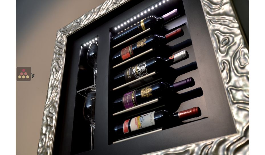 Silent refrigerated wine frame display for 5 bottles and 2 glasses