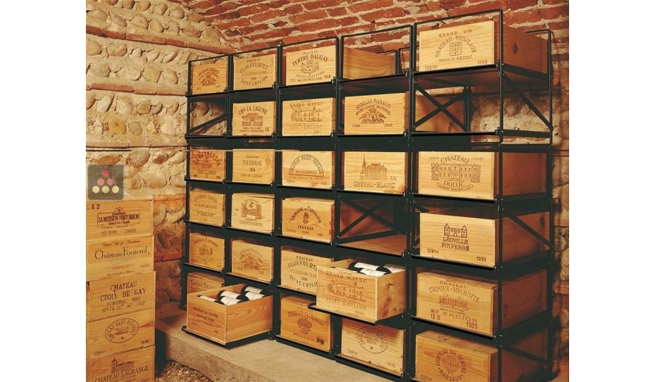 Sliding racks for 24 wooden cases of wine or 288 bottles