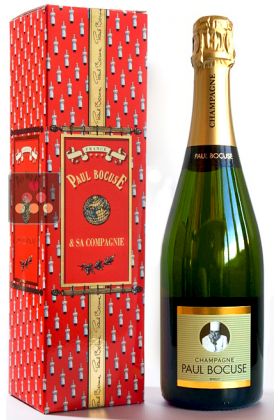 Bottle of Champagne in a red Paul Bocuse case