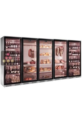 Combination of 5 refrigerated display cabinets for wine, meat maturation and cold cuts