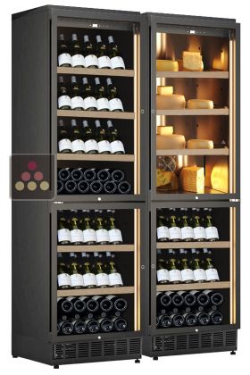 Built-in combination of 3 wine cabinets and one cheese cabinet - Inclined bottle display