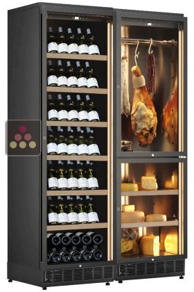 Built-in combination of a multi-temperature wine cabinet, a cheese and cured meat cabinet