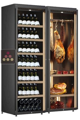 Combination of a wine cabinet and a cured meat cabinet - Inclined bottle display