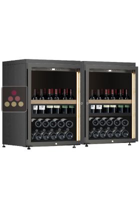 Combination of 2 single temperature wine cabinets for wine storage or service with a sliding shelves for standing bottles
