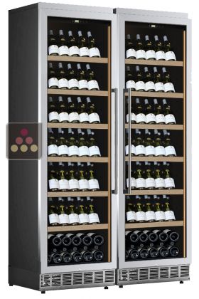 Built-in combination of 2 single-temperature wine cabinets for service or storage - Stainless steel front - Inclined bottles