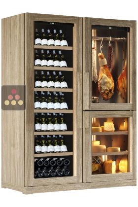 Built-in combination of a mono-temperature wine cabinet, a cheese and cured meat cabinet