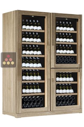 Combined 3 Single temperature wine service or storage cabinets - Wood cladding - Inclined bottle display