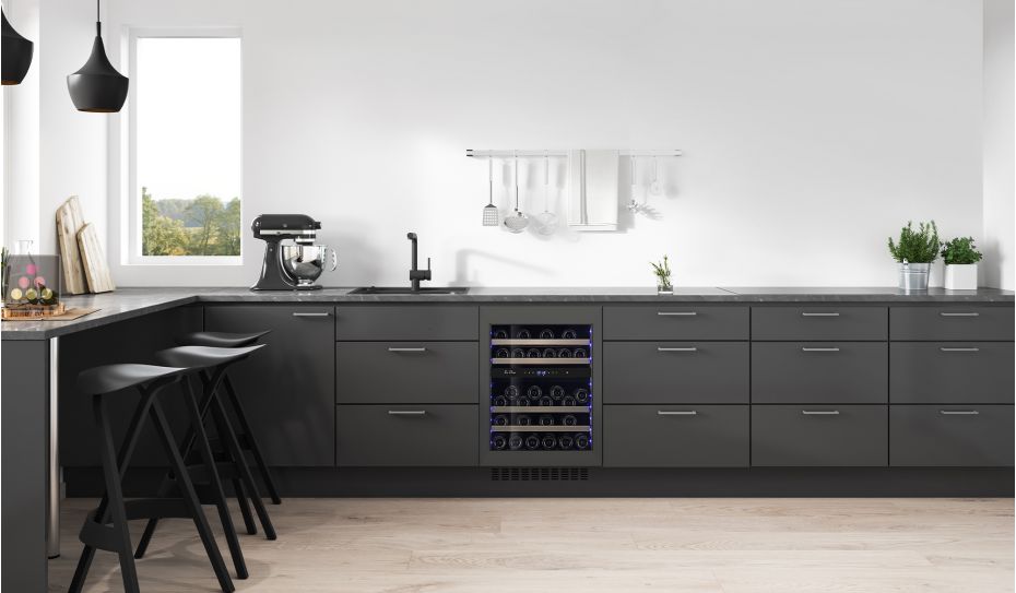 Dual temperature built in wine cabinet for storage and/or service - Push open door and customizable front