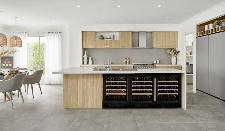 Combination of two  single temperature wine ageing cabinet and a multi temperature wine service cabinet - Sliding shelves