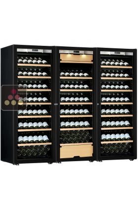 Combination of two single temperature wine cabinets and a 3 temperatures multipurpose wine cabinet - Inclined bottles - Full Glass door
