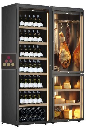 Combination of a wine cabinet and a cured meat and cheese cabinet - Inclined bottle display