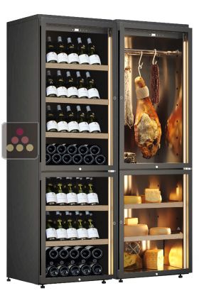 Free standing combination of 2 wine cabinets, a cheese and cured meat cabinet - Inclined bottle display