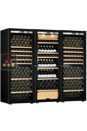 Combination of a 2 single temperature wine cabinet and a 3 temperatures multipurpose wine cabinet - Storage/sliding shelves - Full Glass door