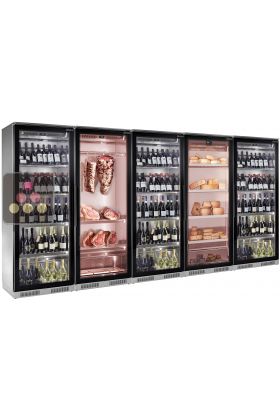 Combination of 3 refrigerated display cabinets for wine, 1 for chesse conservation and 1 for meat maturation