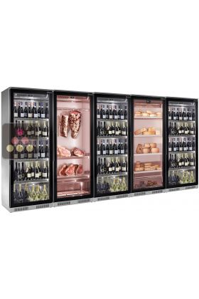 Combination of 3 refrigerated display cabinets for wine (Standing bottles), 1 for cheese conservation, and 1 for meat maturation - Depth 70cm