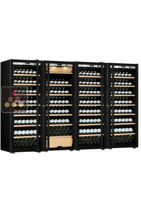 Combination of a 4 single temperature ageing or service wine cabinets - Full Glass door - Inclined bottles