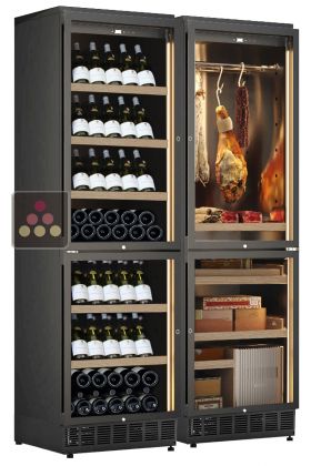 Built-in combination of 2 wine cabinets, a cigar and cured meat cabinet - Inclined bottle display
