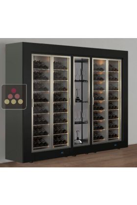 Freestanding combination of 2 multi-temperature wine display cabinets and 1 non refrigerated unit for glasses or spirits- Inclined bottles - Flat frame