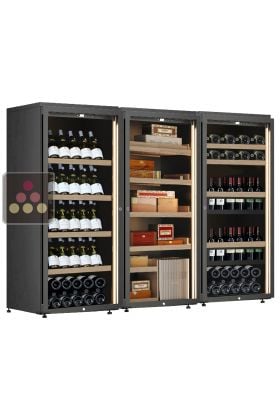 Combination of 2 single-temperature wine cellars for service or storage with drawers for standing bottles and 1 cigar cellar