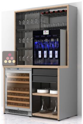 Arrangement of counter for glass wine dispenser, wine cooler and glasses
