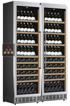 Built-in combination of 2 single-temperature wine cabinets for service or storage - Stainless steel front - Inclined bottles
