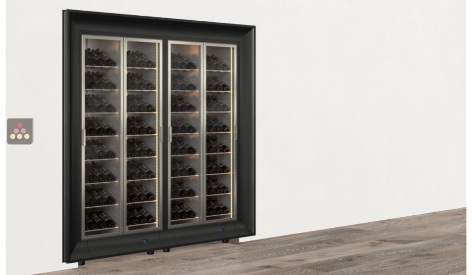 Built-in combination of two professional multi-temperature wine display cabinets - Inclined bottles - Curved frame