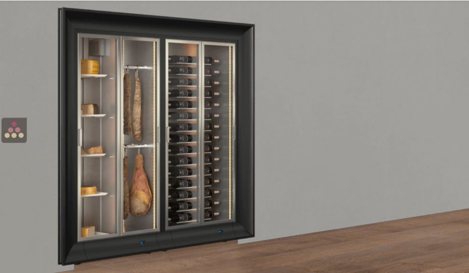 Built-in combination of 2 professional refrigerated display cabinets for wine, cheese and cured meat - Curved frame