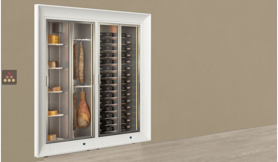 Built-in combination of 2 professional refrigerated display cabinets for wine, cheese and cured meat - Curved frame