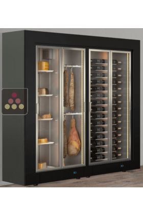 Freestanding combination of 2 professional refrigerated display cabinets for wine, cheese and cured meat - Flat frame